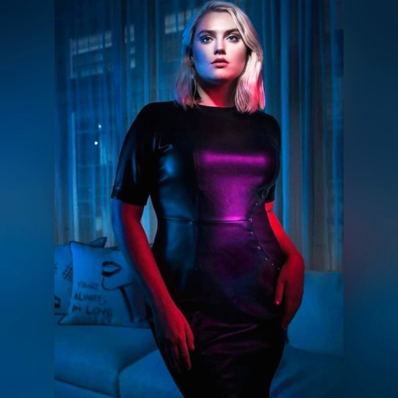 SIKA Collection Womens Sasha Dress Sheath Tulip Black Faux Leather Crewn… - Picture 7 of 7